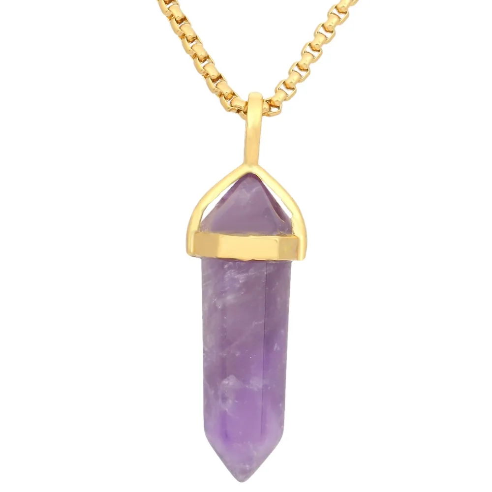 

SUNYIK Natural Purple Crystal Six Pyramid Column Bead Healing Chakra For Necklace (Free Chain)