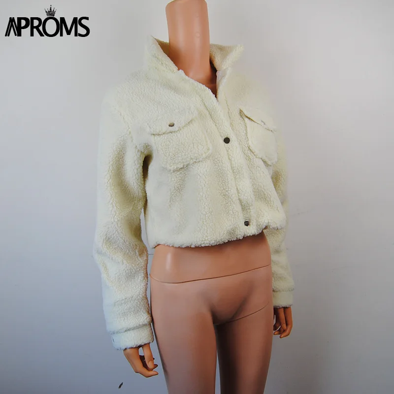 Aproms укороченная плюшевая женская куртка, Модель года! Aproms элегантная однотонная укороченная мягкая толстая теплая плюшевая женская куртка на осень и зиму с карманами спереди