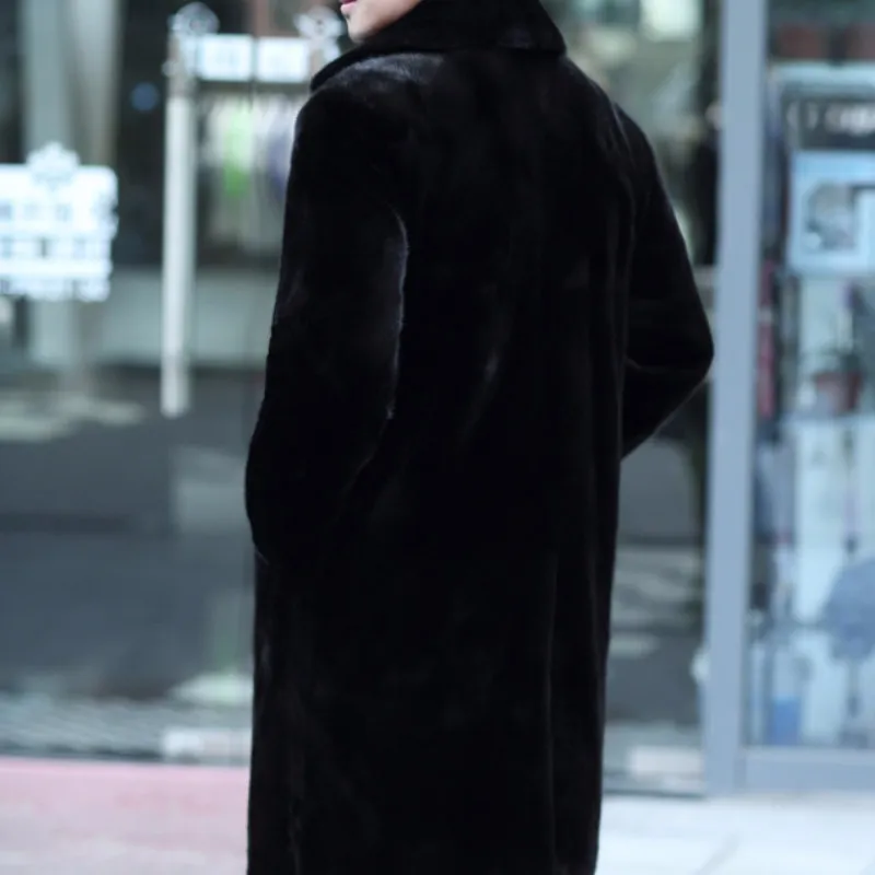 Мужская Длинная ветровка HN203 черная теплая куртка из искусственного меха норки