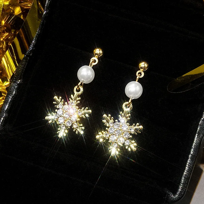 2019 Korean Style Temperament Gold Snowflake D Earrings AAA Dazzling Zircon Snow Flower For Women Wedding Gifts | Украшения и