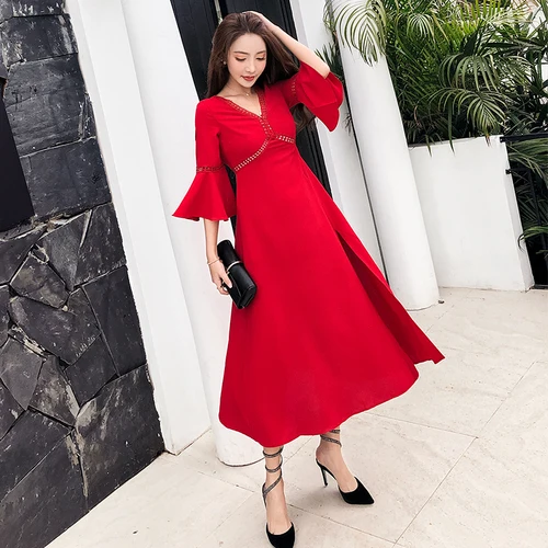 New Resort Beach Big Red Dress V Neck Fashion Ruffle Robe Charming Feminine Spring And Summer Cool Dresses | Женская одежда