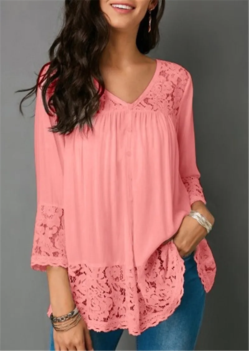 Womens Long Sleeve Splice Shirt Women Button Tunic Top Casual Loose Patchwork Lace Blouse Pullover 5XL |
