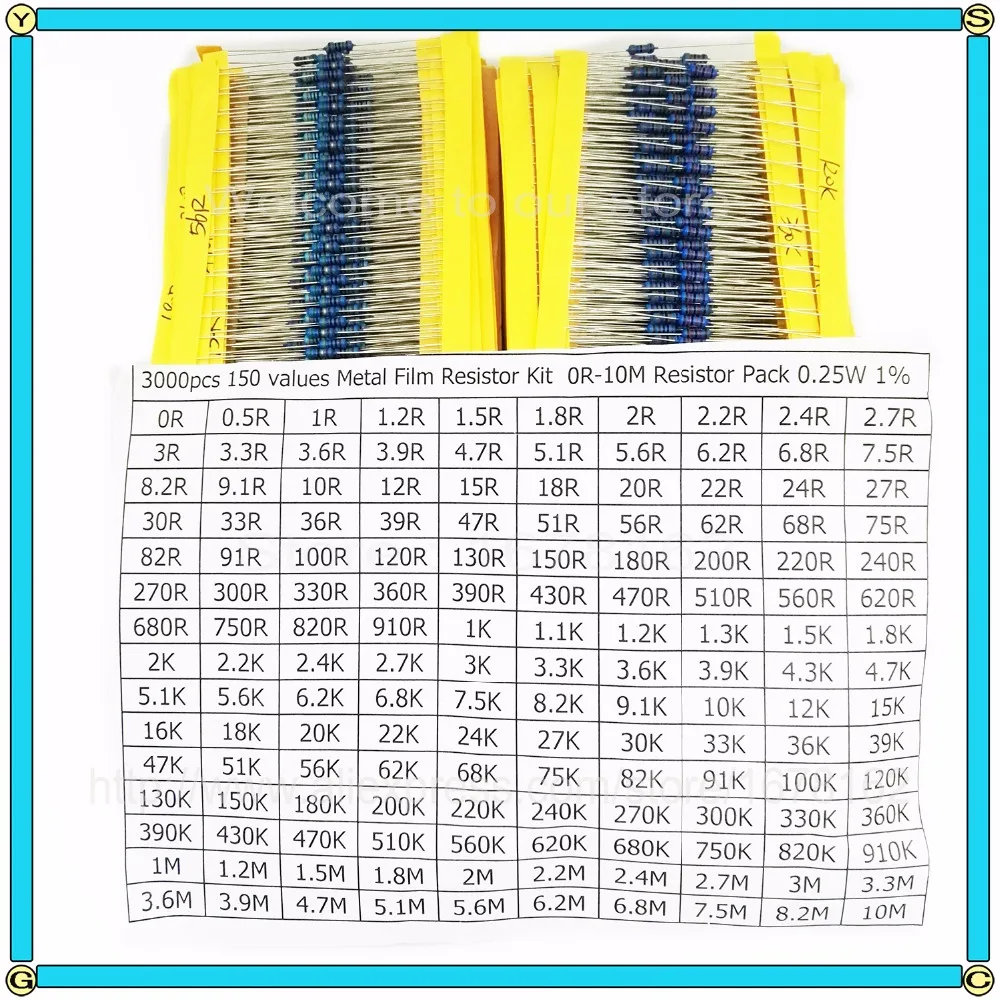 3000 шт./лот 1/4W 150 значения X20pcs = 3000 шт. металлического пленочного резистора пакет комплект резисторов 1R~ 10 м комплект резисторов 0,25 W 1% смешанный набор