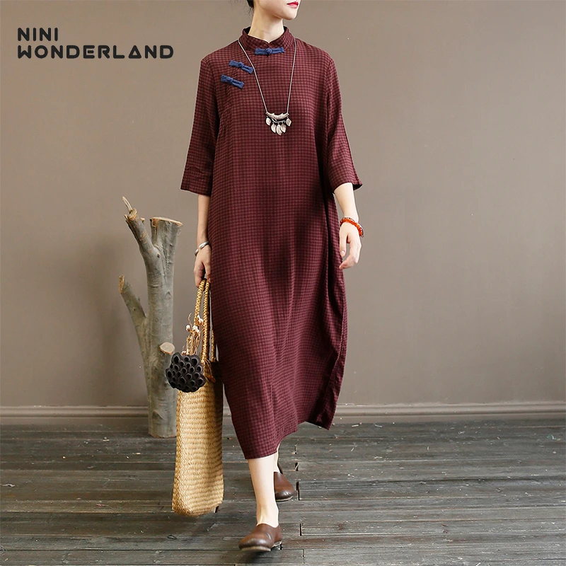 NINI WONDERLAND женское классическое платье в клетку Осеннее винтажное миди со стоячим