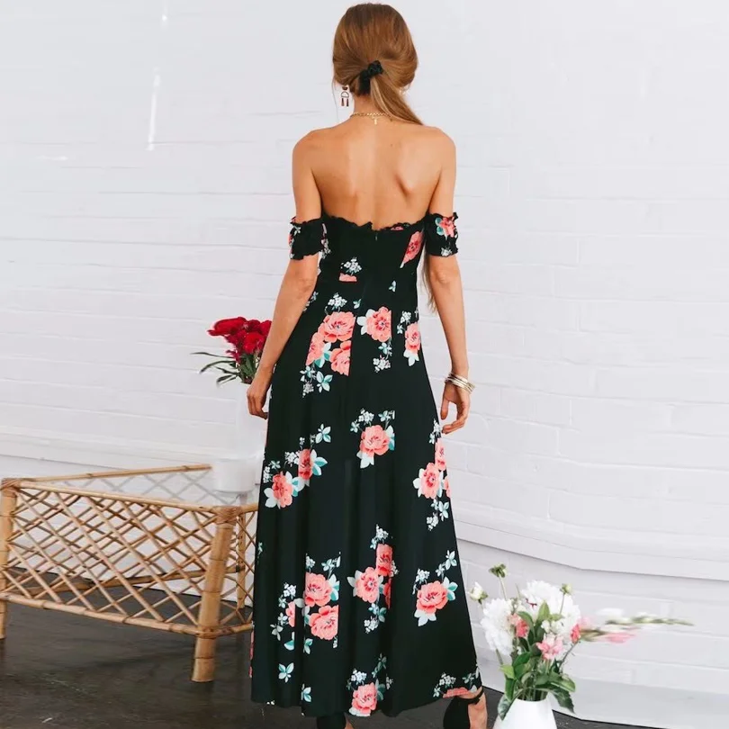 Boho с открытыми плечами платье макси Цветочный принт и пуговицы спереди чешского