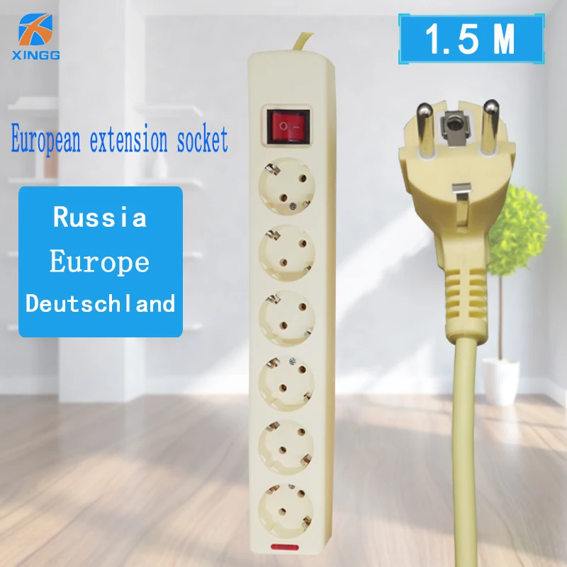 ЕС Европейская вилка Мощность полосы с переключателем AC Электрические 4/5/6 розеток расширение провод розетки кабель 1,5 м 16A 250 V