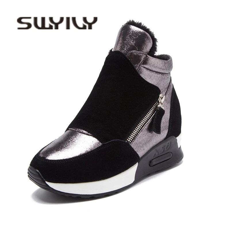 

SWYIVY Woman Winter Sneakers Platform 2018 Autumn Winter Warm Plush Velvet Cotton Padded Shoes Wedge High Top Leisure Sneakers