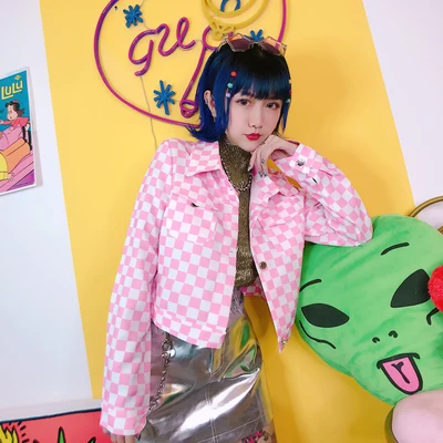 Harajuku ветер решетки девушка сердце розовый Короткие издание лацкан рано Новинка