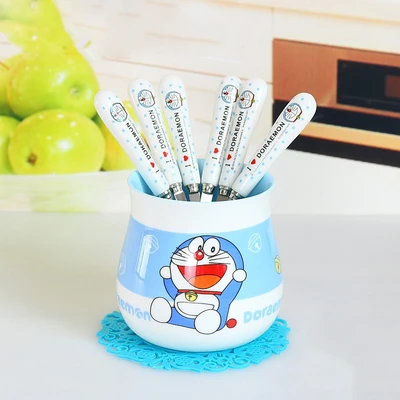 6 вилок из нержавеющей стали + 1 керамическая баночка с рисунком дораэмона