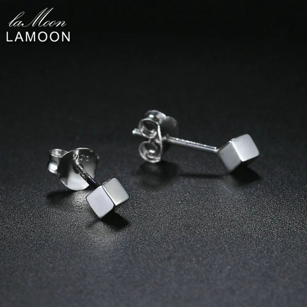Женские серьги гвоздики LAMOON S925 гладкий кубик 100% Настоящее серебро 925 пробы