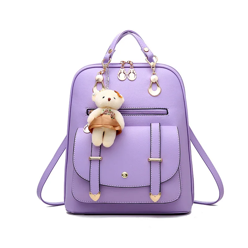 Purple-1 Рюкзаки Женские из искусственной кожи рюкзак для подростков девочек Женский поясная сумка Mochila с медведем висячий орнамент Mochila Feminina - Цвет: Purple-1