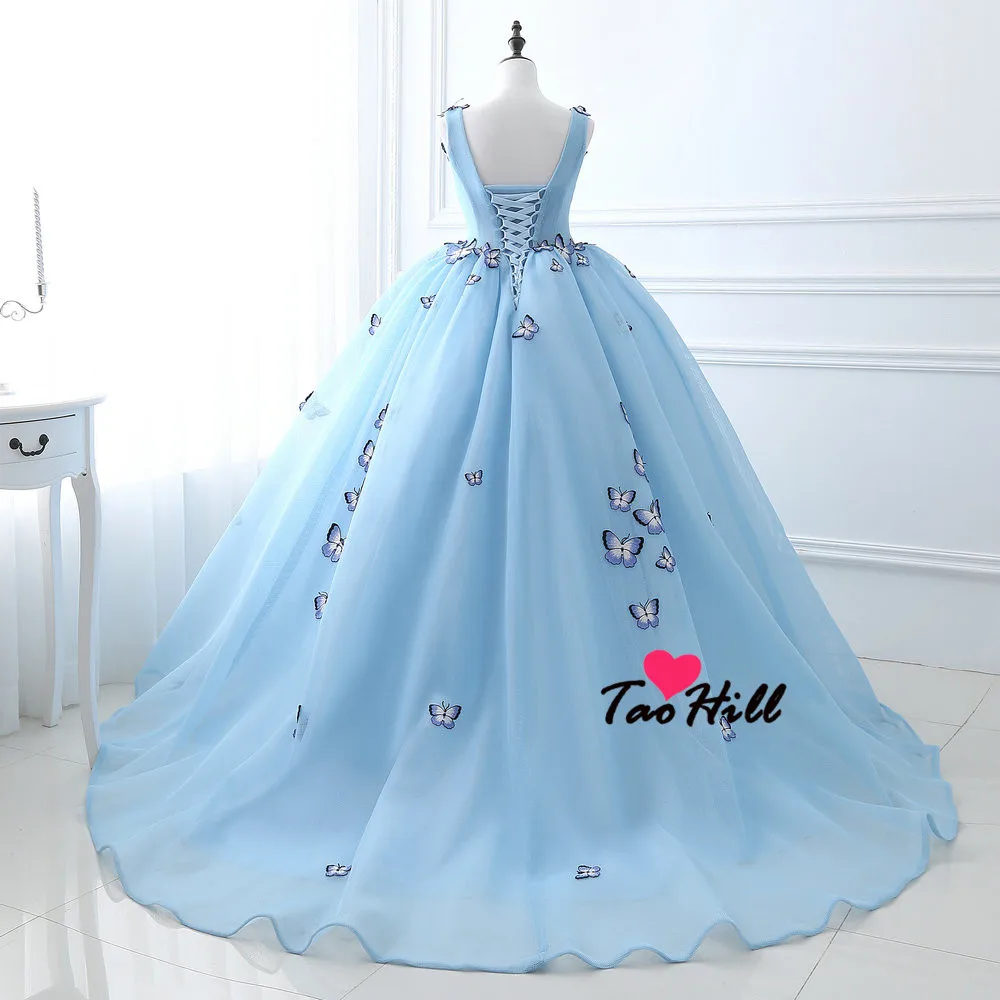 TaoHill Free Shipping Ball Gown Deep V-neck Sky Blue Evening Dress Straps With Butterfly Flowers Princess Party Dresses | Свадьбы и