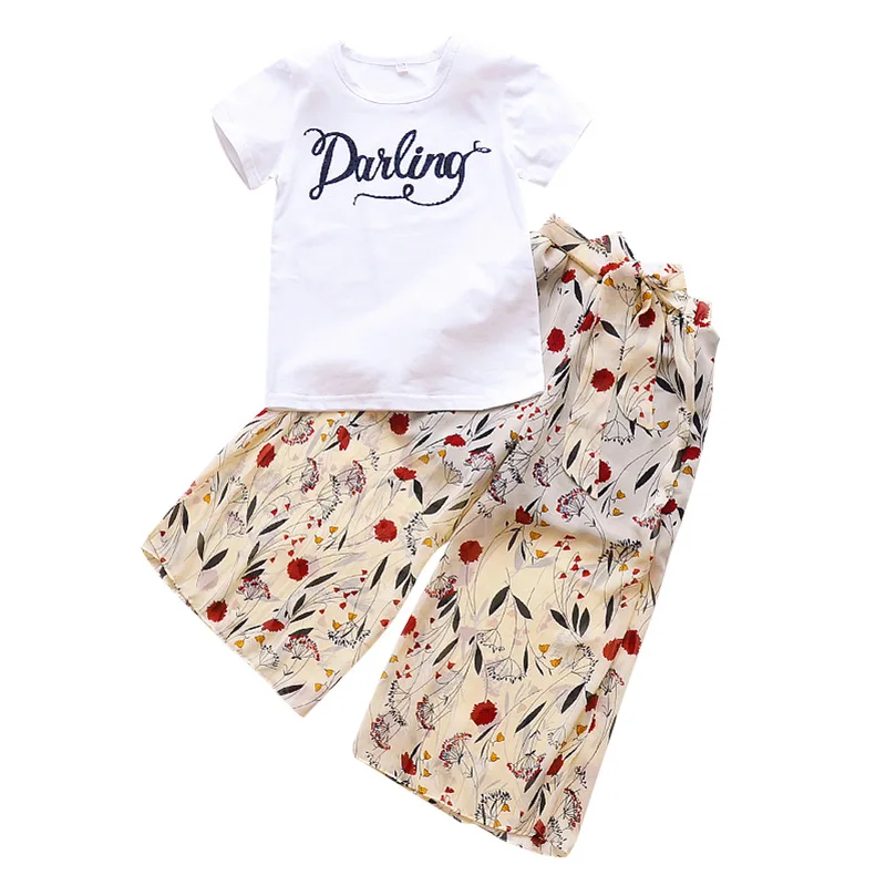 Летняя одежда для маленьких девочек футболка шифоновые штаны с цветочным