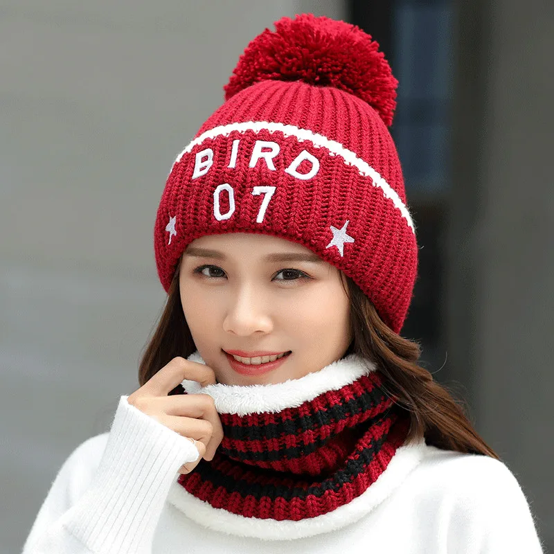 Женская зимняя шапка, шарфы, толстый вязаный плюс бархатный теплый шарф, ветрозащитный лыжный шейный платок с круглым вырезом, дикая шапочка, шарф для девочки, 2/комплект