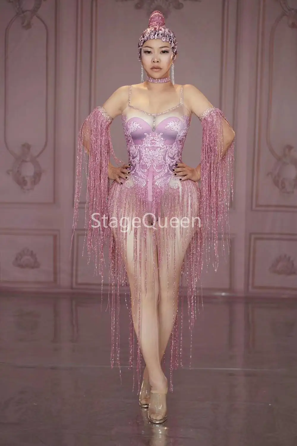 Fashion Pink Tassel Leotard Female singer DJ DS Stage show Dance Performance Fringes Sexy Costume Big Stretch Spandex Bodysuit