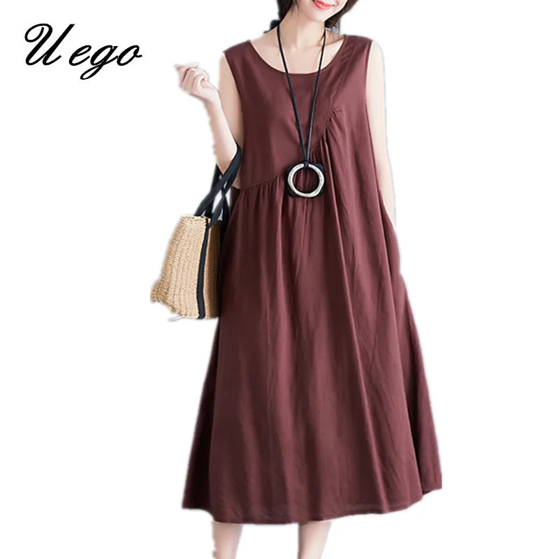 Фото Свободное летнее платье Uego без рукавов Мягкое хлопковое льняное корейское