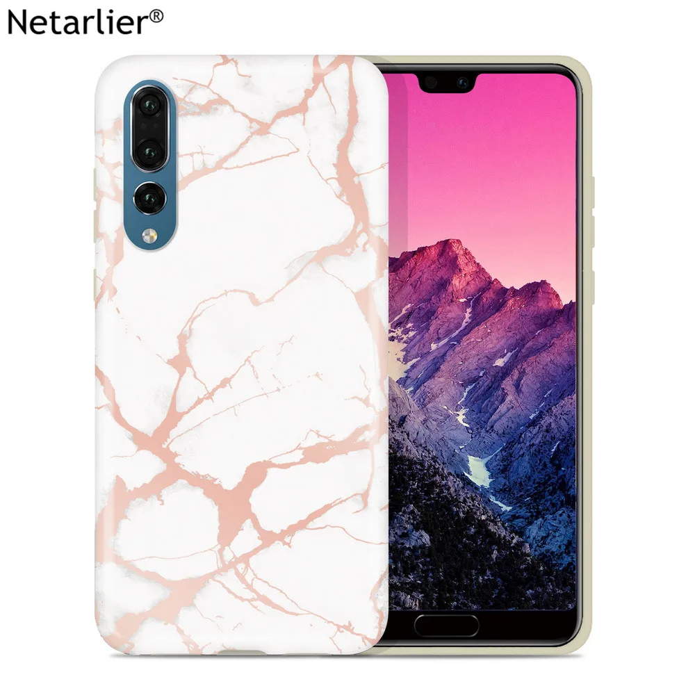 Netarlier чехол для телефона huawei p20 p20pro белый и розовое золото хром мрамор толстый IMD