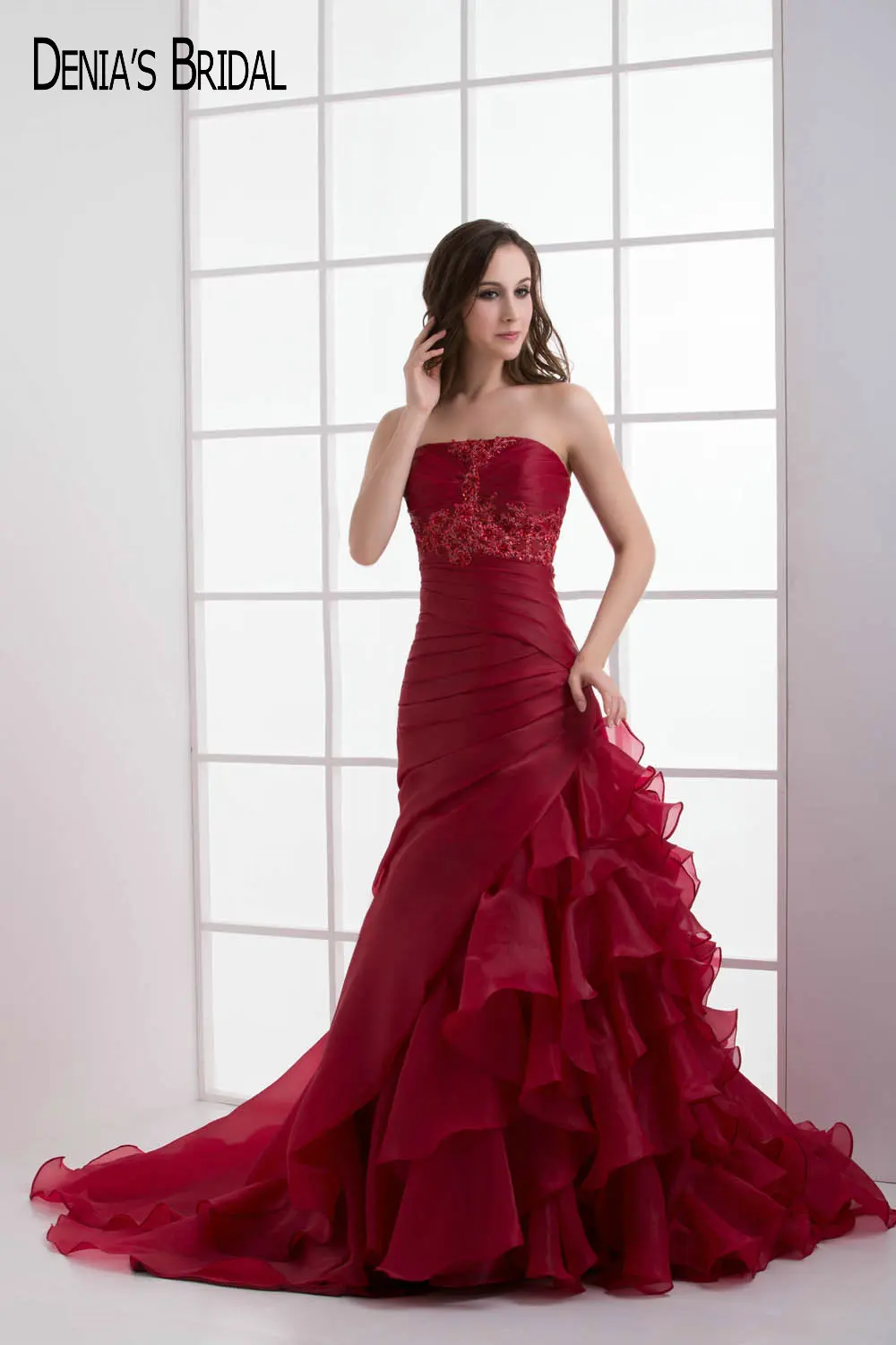 Женское вечернее платье с юбкой-годе красное до пола вырезом сердечком