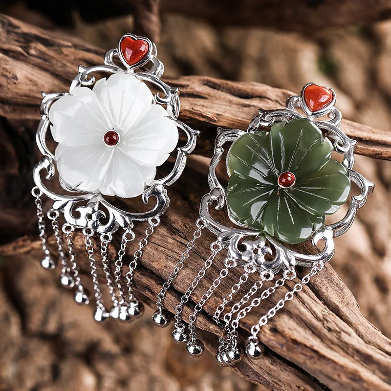 Polaroid S925 Pure Silver tassel Natural Hotan Jade Plum Blossom Pendant Retro Baitao Women's Necklace Wholesale | Украшения и