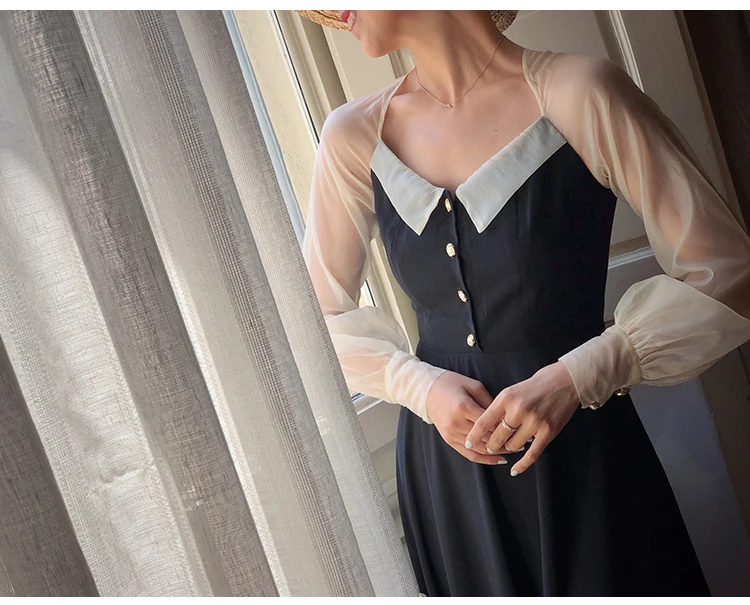 Vestido, весна-осень, женское винтажное платье в стиле Хепберн, элегантное, тонкое, v-образный вырез, длинный рукав, сетка, пэчворк, черное, длина до колена, платье sukienk