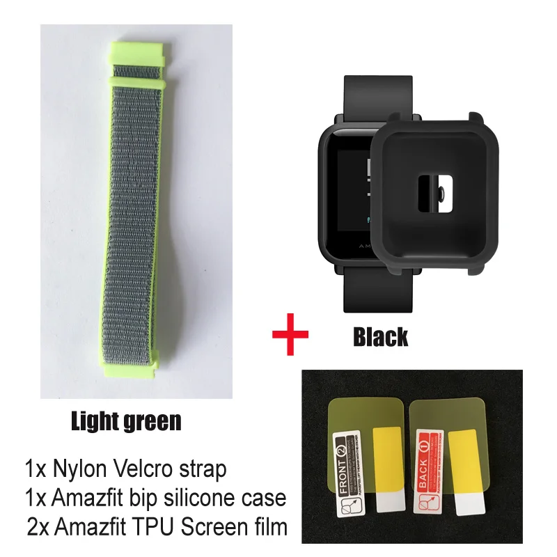 light green-black 4в1 нейлоновый ремешок для Amazfit ремешок Bip Xiaomi Huami Amazfit Bip браслет ремешок для часов нейлоновая петля наручный ремешок чехол Защитная пленка - Цвет: light green-black