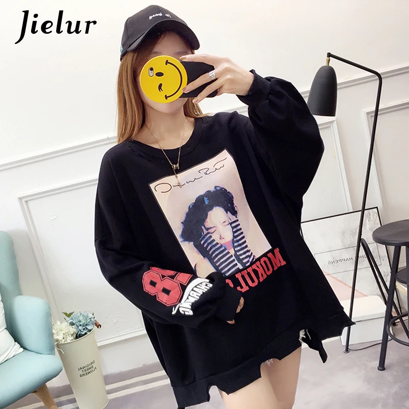 Jielur отверстия Нерегулярные мультфильм печати толстовки женские классные Harajuku