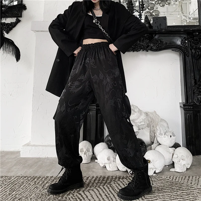 Женские брюки-карго Woherb в японском стиле Харадзюку с принтом дракона уличная