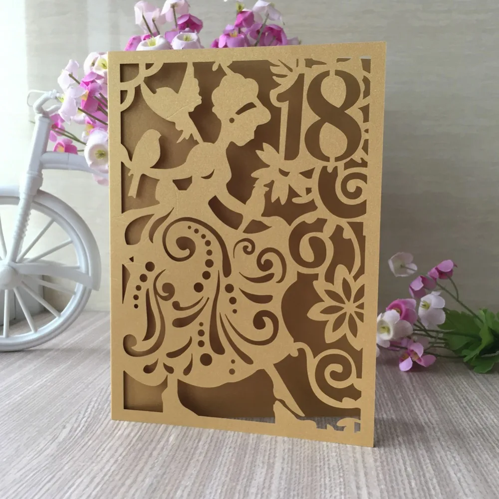 

100pcs/lot Pearl paper chic design Girl 18th Birthday party decoration Invite laser cut Gift invitation card greeting card