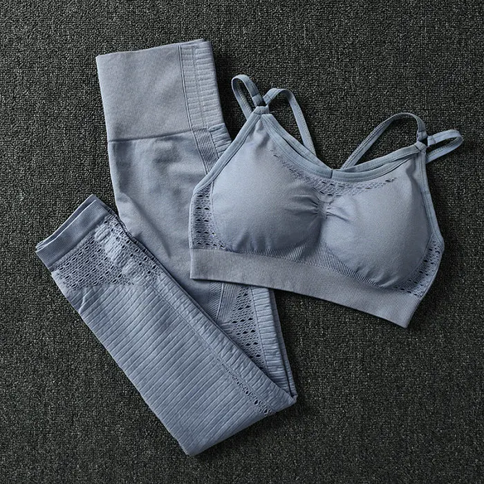 Gray Blue set 2 шт., бесшовный комплект для йоги, сексуальные спортивные костюмы для женщин, одежда для фитнеса, спортивная одежда, женские леггинсы для спортзала, мягкий пуш-ап спортивный бюстгальтер на бретелях - Цвет: Gray Blue set