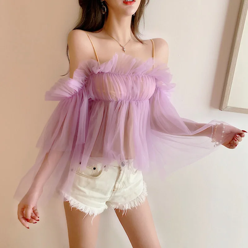 Cheerart сетчатый Cami женский короткий топ с рюшами, сексуальный топ-бюстье, летний белый/черный/фиолетовый прозрачный Топ для женщин