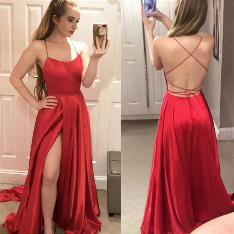 

Sexy Criss Cross Back Halter Prom Dresses For Women High Side Split 2019 With Pocket Red Long Formal Evening Dress Party Gowns