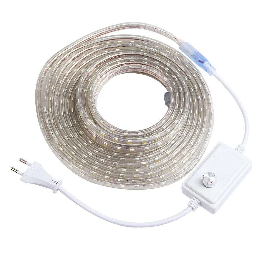 220 V светодиодные ленты с регулируемой яркостью 5050 AC DC 220 вольт светодиодные полосы гибкий светильник Водонепроницаемый 5, 10 м, 15 м, 20 м диммер штепсельная вилка европейского стандарта 60 светодиодов/M Led лента