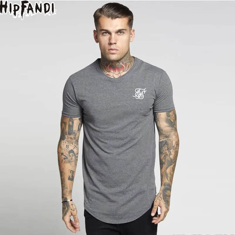 HIPFANDI-camisetas de manga corta para hombre, ropa informal de seda, estilo Hip Hop, dobladillo curvo Irregular, color negro, blanco y gris