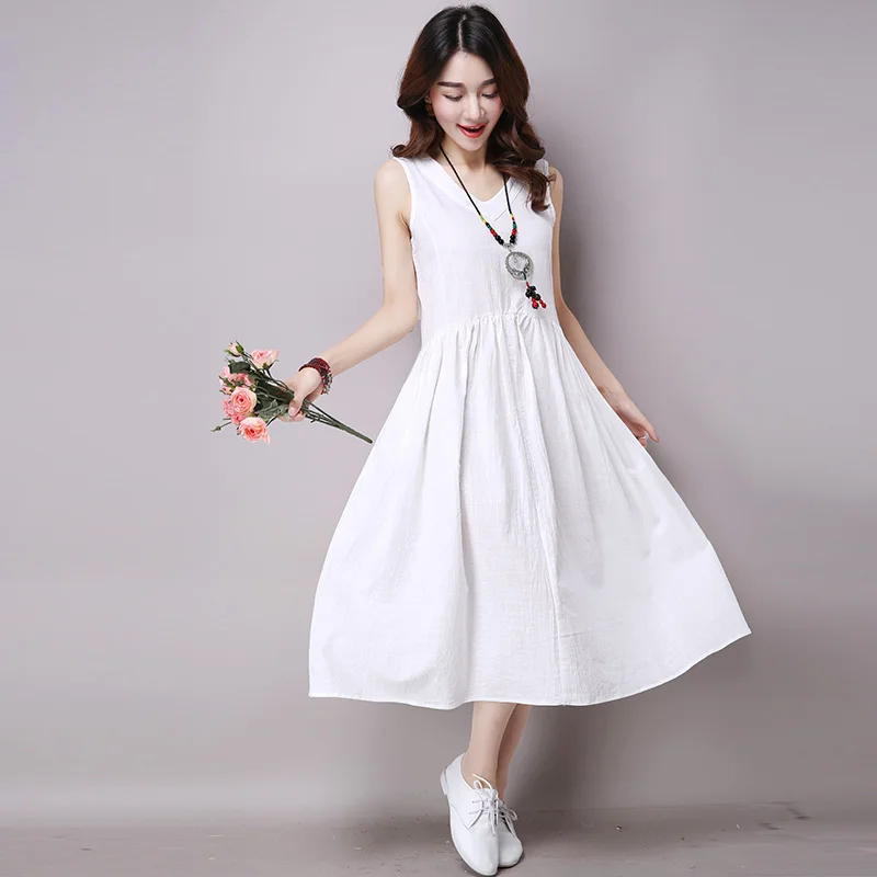 Лето 2017 новое женское хлопковое льняное свободное платье без рукавов с v-образным