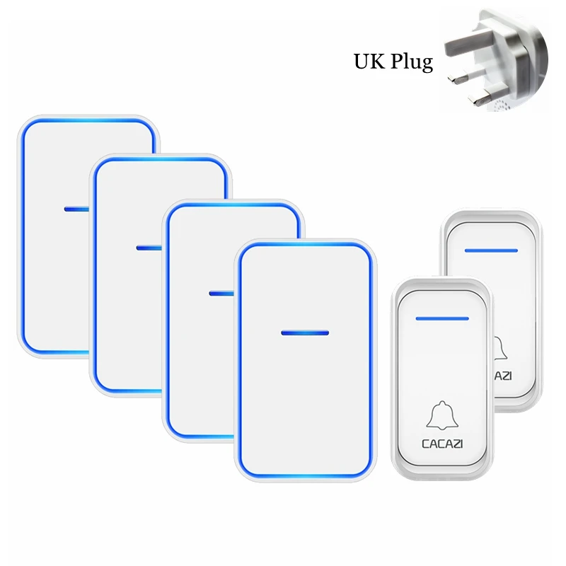 white 2x4 UK CACAZI Smart Wireless Doorbell Waterproof 2 Button 4 Receiver US EU UK AU Plug LED Light Home Welcome Door Bell Calling Chime - Цвет: white 2x4 UK