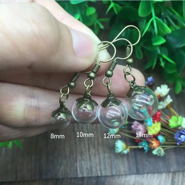 

20sets 10pairs 8mm 10mm 12mm ball glass globe orb five petals beads cap ear hook earrings set glass vial charms Drop Earrings