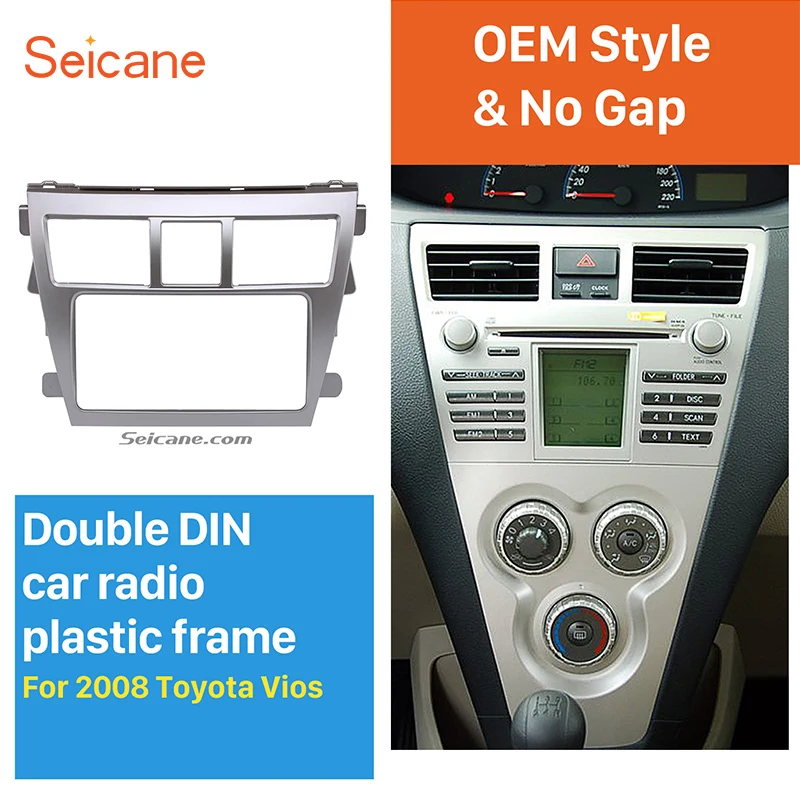 

Seicane Silver Car Radio Fascia For 2008 Toyota Vios Refitting Kits 202*102mm Double Din Trim kit Auto Stereo Frame OEM No Gap