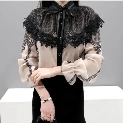 Женские модные рубашки с воротником стойкой кружевная рубашка пышными рукавами