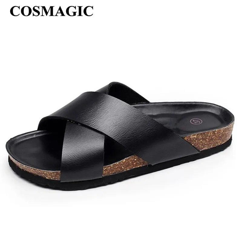 COSMAGIC/ г.; модные мужские пляжные пробковые шлепанцы; Летние однотонные Нескользящие кожаные шлепанцы высокого качества