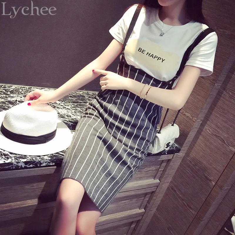 Lychee элегантная сексуальная летняя женская юбка в полоску эластичная юбка на подтяжках до колена трикотажная юбка