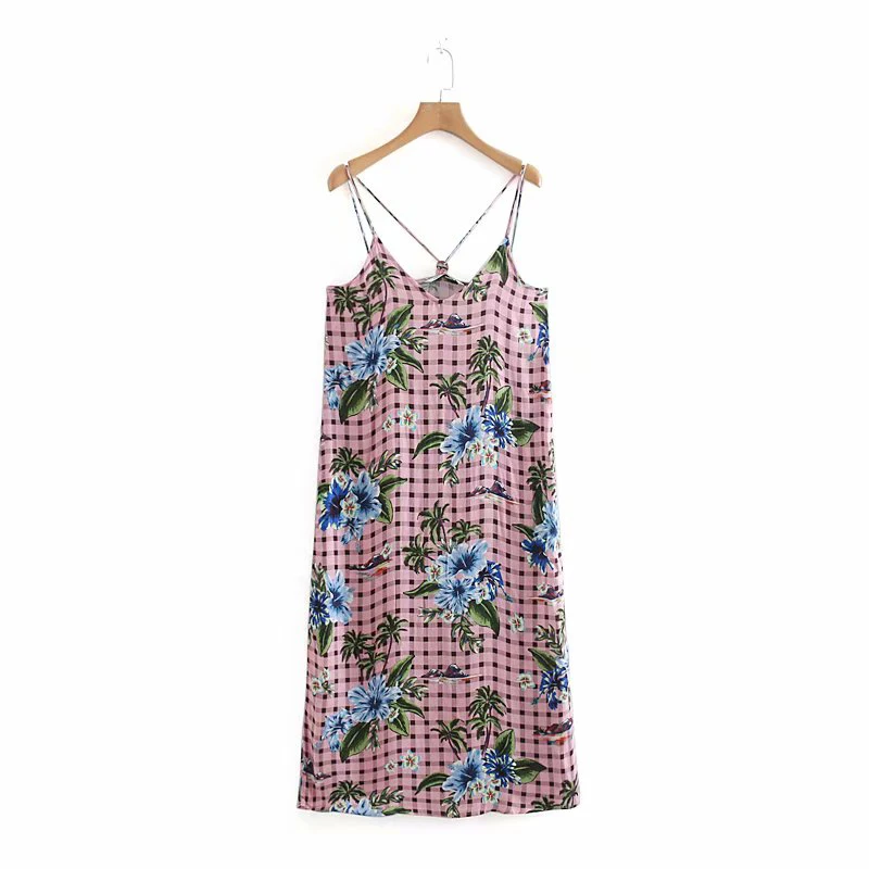 2019 Spring-Summer Chic Women Flower Print Long Dress Female Za Boho Plaid Spaghetti Strap Fashion Dresses vestidos de fiesta | Женская