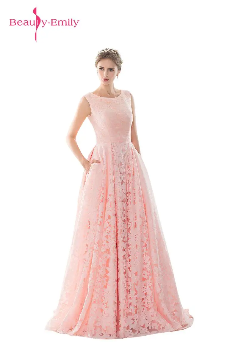 Красота Эмили 2018 Длинные жемчуг Кружево с аппликацией без рукавов вечернее