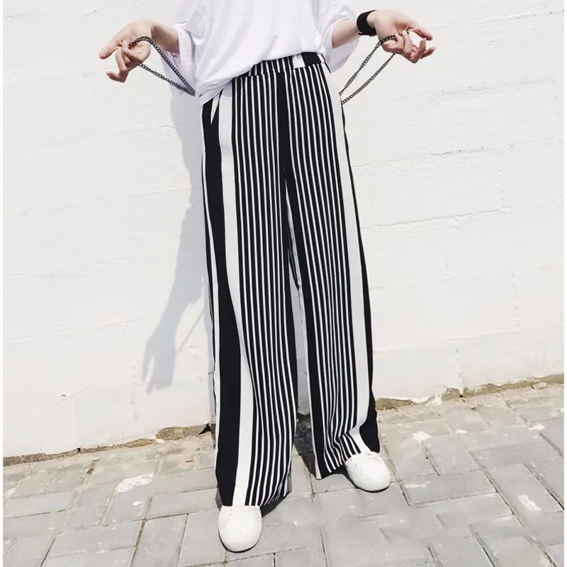 TWOTWINSTYLE, шифоновые женские брюки в полоску, пэчворк, эластичные, высокая талия, большие размеры, длинные, широкие брюки, весна, Модные Винтажные