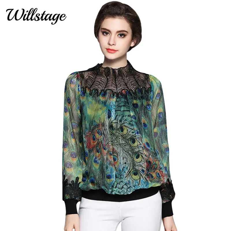 Женская блузка Willstage элегантная кружевная с принтом павлиньи перья и длинным