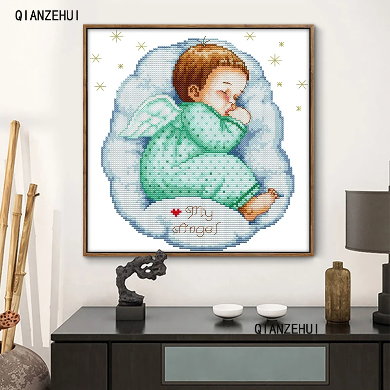 QIANZEHUI Needlework DIY characters Asleep angel boy and girl baby Cross stitch Sets For Embroidery kits Cross-Stitch Wall Decro | Дом и сад