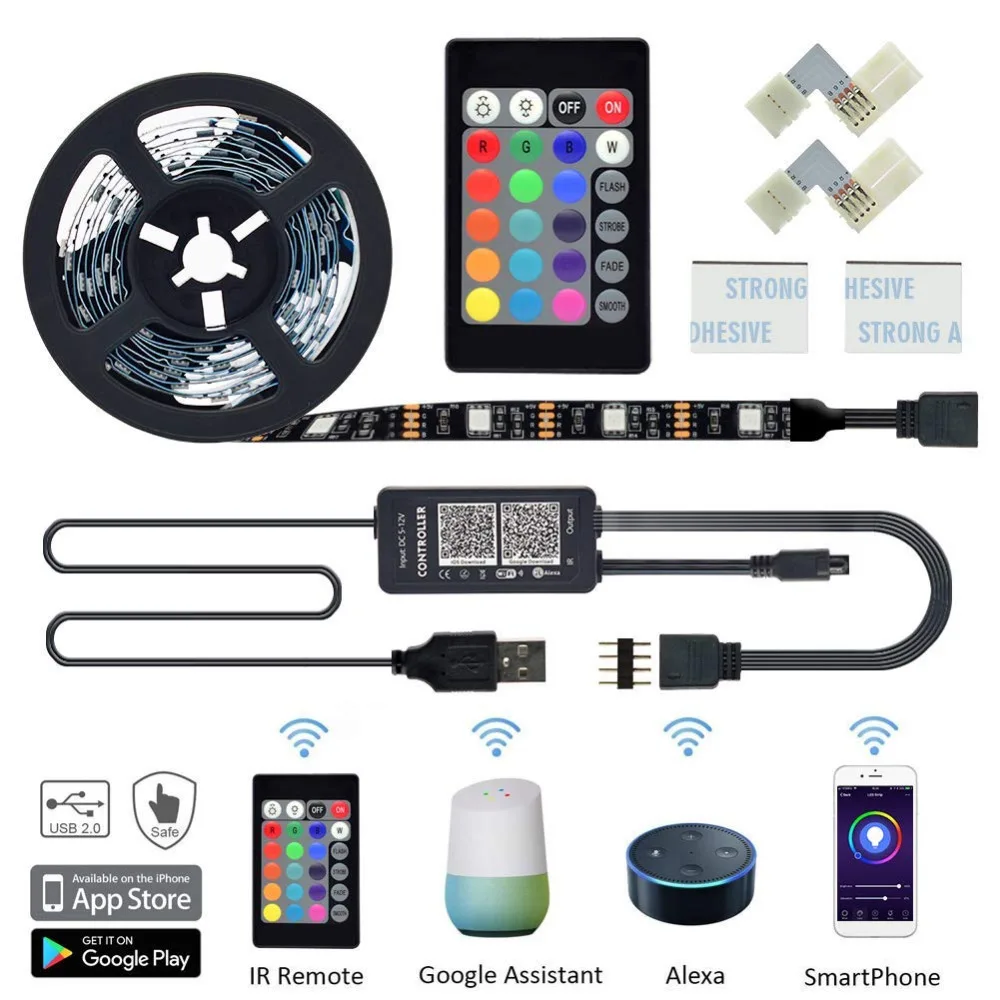 Светодио дный Wi Fi Alexa ТВ Подсветка комплект 5VDC 6 56 футов Multi Цвет RGB гибкие