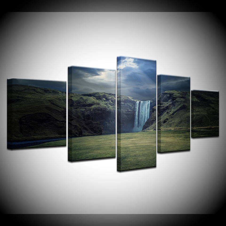 

A mountain with waterfall landscape 5 Piece Wall Art Canvas Print modern Poster Modular art painting for Living Room Home Decor