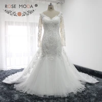 rose moda v neck long sleeves lace mermaid wedding dress with removable train illusion back muslim wedding gown