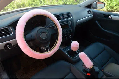 Pink Новинка 3 шт. зимний плюшевый Меховой чехол рулевого колеса автомобиля ручной тормоз крышка ручки передач пушистый мягкий захват автомобиля Стайлинг B - Название цвета: Pink
