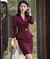 ladies office uniform designs business suits with skirt and tops autumn winter fashion wine formal work wear sets blazer
